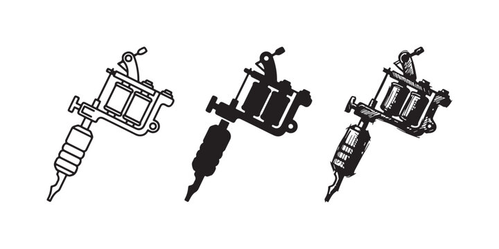 Three styles of coil tattoo machine icons with ribbed grip: outline, silhouette, and hand-drawn sketch, representing professional tattoo equipment and body art tools.