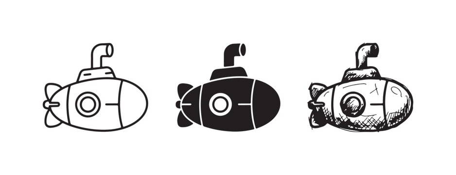 Three submarine icons in outline, solid black, and hand-drawn sketch styles, showcasing an underwater vehicle with a periscope and propeller.
