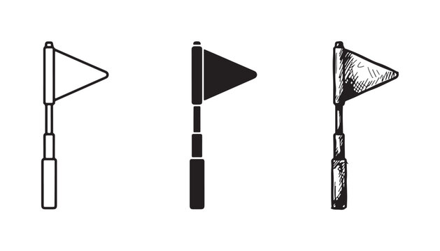 Collection of three triangular flag icons on a pole, including outline, solid black, and hand-drawn sketch versions, perfect for markers or alerts.