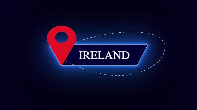 Luminous country identity sticker for Ireland vacation promos, featuring a sleek glowing blue neon frame alongside a red map pin shape