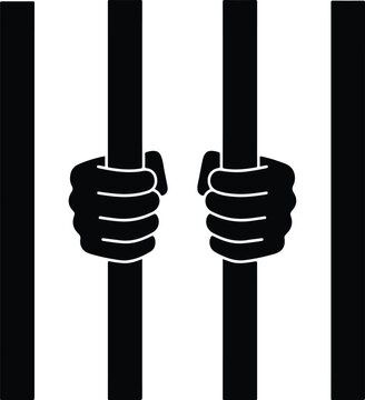 A solid black silhouette of a pair of human hands gripping vertical prison bars, clean captivity, jail, justice, and loss of freedom concept style flat vector illustration