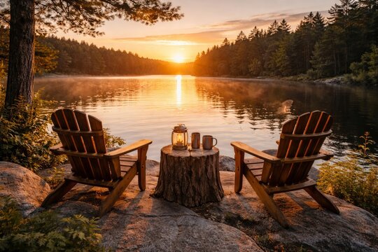 Two Adirondack chairs facing misty sunrise lake. Two wooden Adirondack chairs and a lantern on rocky shore, watching sunrise over a misty lake in peaceful nature.