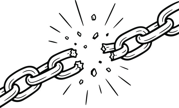 A black and white outline illustration of a metal chain snapping or breaking apart with exploding fragments, clean freedom, liberation, and breaking limits concept style flat vector illustration