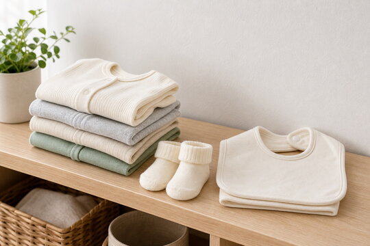 棚に並ぶ無地のベビー服とスタイ