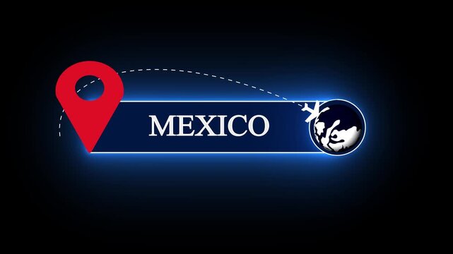 Modern Mexico country title tag with a global map layout, integrated with a vibrant neon light plate and a red navigation waypoint
