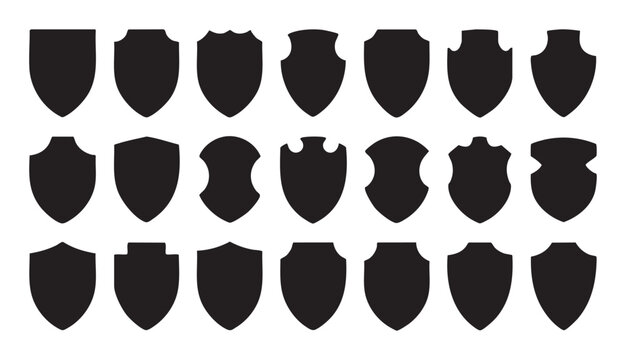 Collection of diverse shield shapes and silhouettes for design elements.