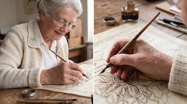 Elderly woman drawing map with dip pen and ink