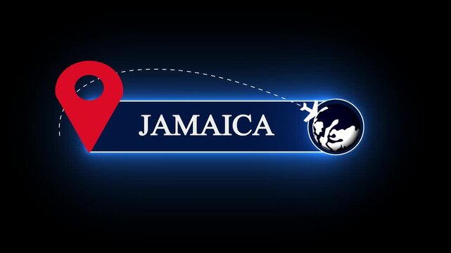Sleek horizontal badge with Jamaica text, designed with a vibrant global tracking network icon and glowing blue neon frames