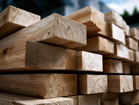 Perfectly stacked new wood boards smooth surface natural grain construction material lumber outdoor daylight closeup texture