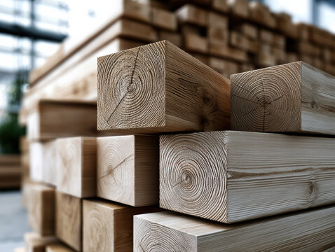 Perfectly stacked new wood boards smooth surface natural grain construction material lumber carpentry warehouse daylight