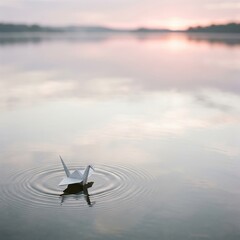 Fototapeta premium Peace, Reflection, Hope. Origami crane floating on calm water, Hiroshima day memorial, symbol of peace and healing for remembrance ceremonies.