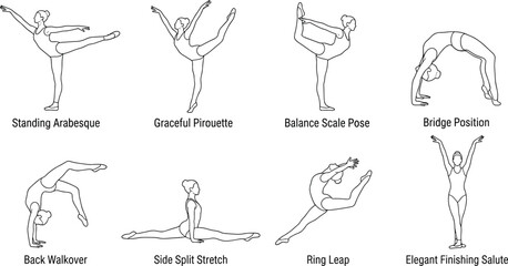 Ballet Dance and Flexibility Line Art Illustration Collection Featuring Gymnastics Stretching Balance and Graceful Performance Poses © MdSumon