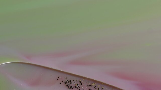 Pearlescent Fluid Art Macro - Pastel Pink and Green Swirling Paint with Glitter Bubbles