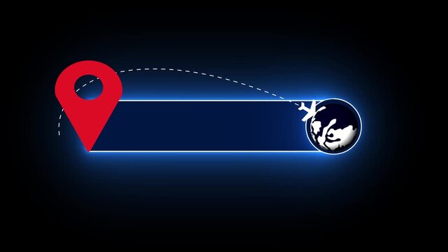Blank global travel lower third template with a customizable text banner, featuring a red location map pin and a flying airplane route icon