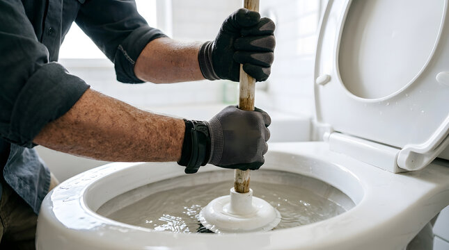Professional Plumber Unclogging a Toilet with a Plunger | Residential Plumbing Service and Home Repair Maintenance | DIY Handyman Fixing a Blocked Bathroom Drain | Sewer Pipe Cleaning and Hygiene