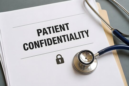 A document about patient confidentiality with a stethoscope for the concept of healthcare privacy and medical information security.