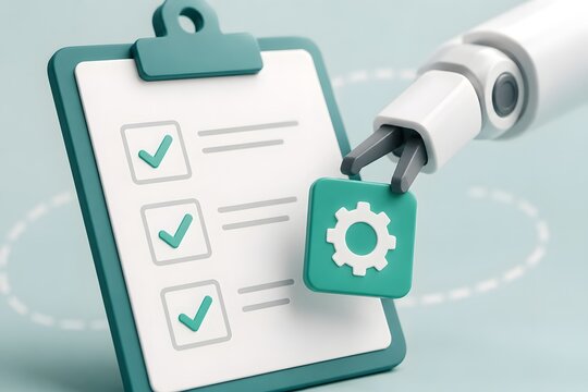 A robot hand checking a list on a clipboard for the concept of automation and technology.
