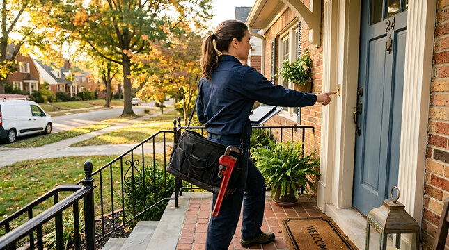 Professional Female Plumber Arriving for Home Service | Technician Ringing Doorbell at Residential House | Home Repair and Maintenance Concept | Service Worker with Tool Bag and Wrench