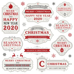 Christmas and New Year 2020 labels and badges with festive designs and messages  Merry Christmas and Happy New Year greetings © Siddhartha