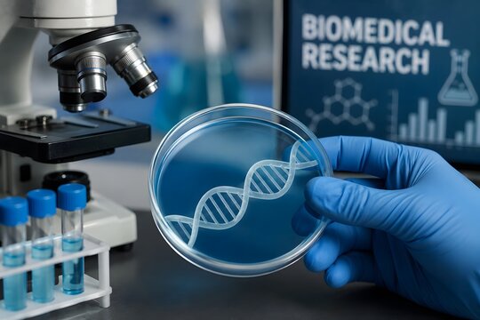 Biomedical research with a DNA model and microscope for the concept of scientific discovery.