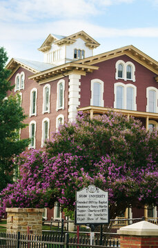 Raleigh, NC - USA - 7-7-2026: Historical marker and Estey Hall on the campus of Shaw University, an HBCU in downtown