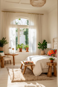 Modern Cozy Interior Bedroom Apartment room beige color, Comfortable House Design AI Generative