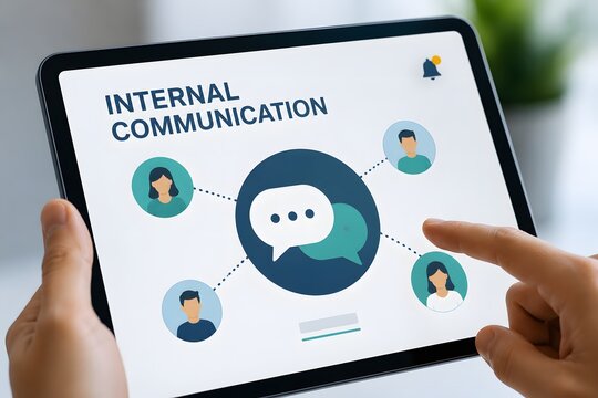 Tablet displaying Internal Communication with people icons for the concept of business connection and digital networking.