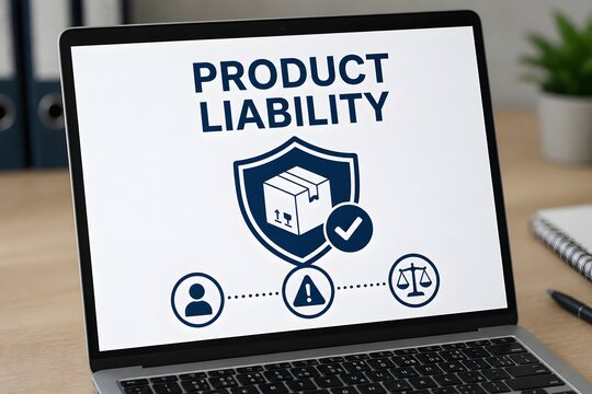 Product liability concept on a laptop screen showing a shield with a box inside, an alert icon, and scales of justice.