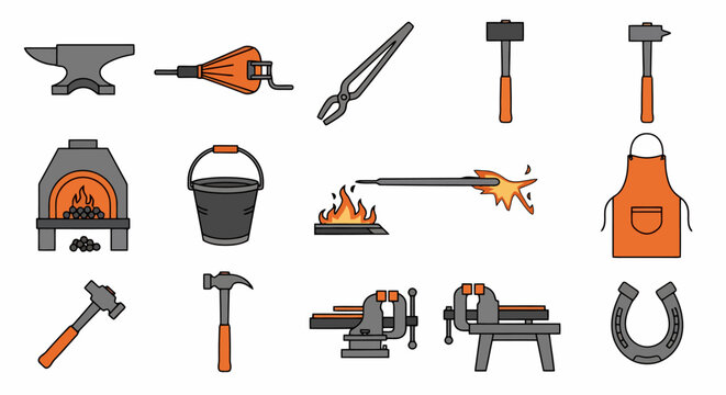 Collection of Blacksmith Tools and Equipment for Metalworking.