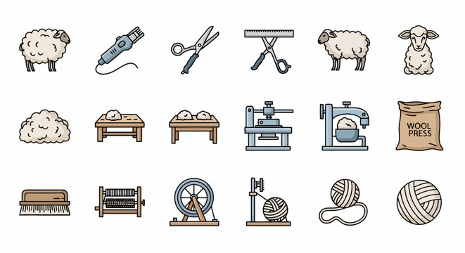 Detailed icons showcasing the journey of wool from sheep shearing to yarn and textile creation.
