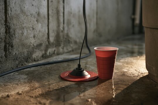 Basement Storm Preparation with Float Switch and Test Cup on Concrete Floor