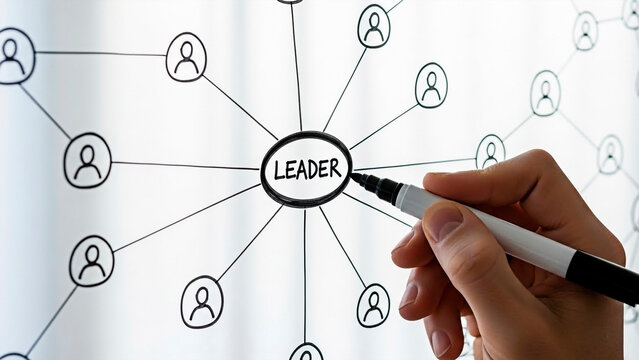 A hand drawing a leader network on a glass board for the concept of leadership and organization.