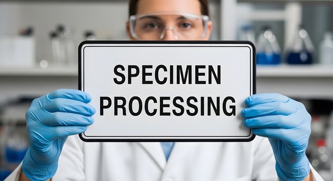 Laboratory technician holding a sign for specimen processing in a science laboratory for the concept of medical research and analysis.