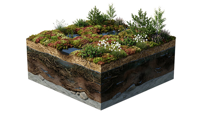 Isolated Cross Sectional View of a Lush Peatland Ecosystem Soil Layers