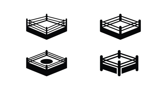 Isometric Wrestling Ring Silhouettes With Ropes And Posts On A White Background Silhouette boxing squared circle