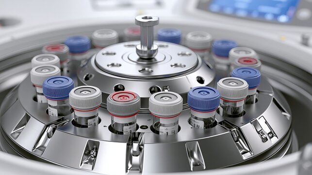 Close-up of centrifuge rotor with balanced capped tubes in laboratory