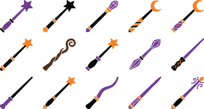 Collection of magic wands wizard sticks and spellcasting tools flat vector illustration
