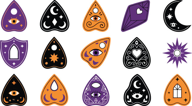 Silhouette of various planchette designs with occult and mystical symbols