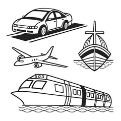 Obraz premium Set of transportation mode icons including car plane ship and passenger train with transportatio