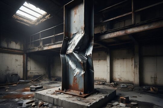 Severely Structural Damaged Buckled Central Iron I-Beam Column Pillar within an Abandoned Industrial Building Interior. Decaying Walls & Debris. State of Advanced Ruin Awaiting Demolition 