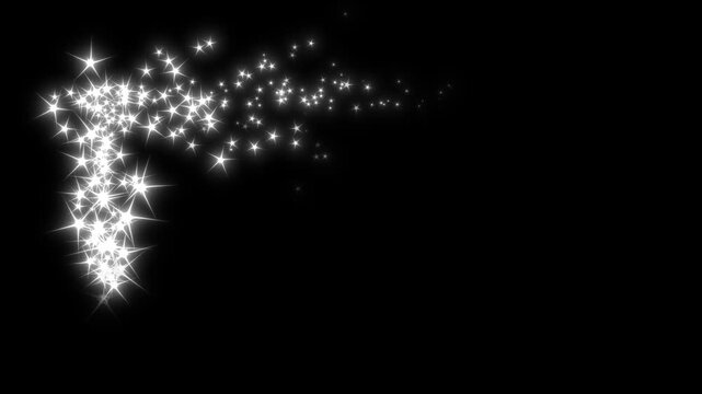 Magical sparkling stars moving on glowing white particle effect for overlay, festive christmas decoration elements on black background,  shiny twinkling glitter animation package. 4k video
