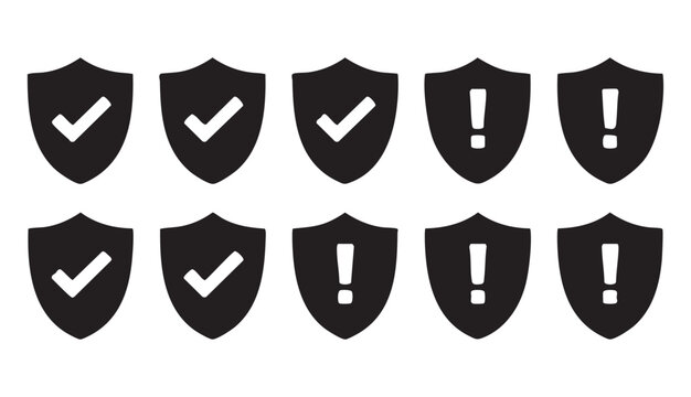 Shield icons set with check marks and exclamation points for security and safety status indicators.