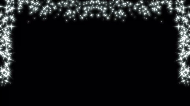 Beautiful white sparkling star particles forming a magical frame on a dark black background, glowing glitter effects border overlay for luxury wedding events, bright design. 4k video