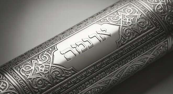 Silver scroll featuring intricate designs and Hebrew script, AI generated