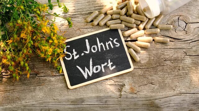 St. John's wort supplements. Selective focus.