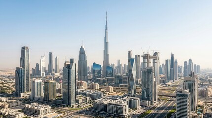 Obraz premium Dramatic skyline of Dubai showcasing advanced urban architecture and massive skyscrapers.
