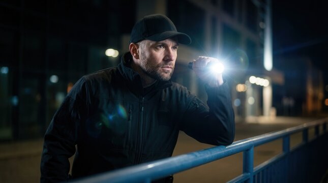 Male security guard performing a night patrol around the building perimeter.