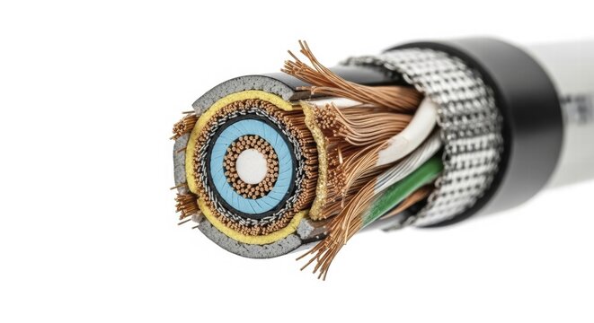 Close-up cross section of a cable showing detailed layers and wires, AI generated