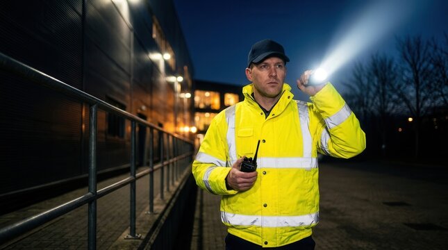 Security personnel in high-visibility clothing conducting a perimeter patrol with a flashlight.