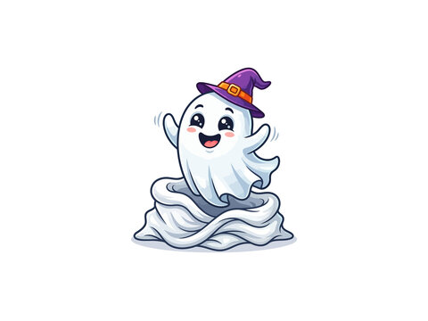 Cartoon ghost wearing witch hat for halloween illustration